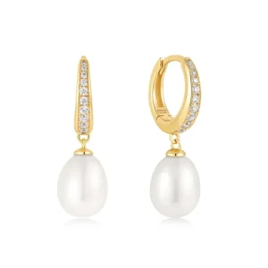 Ania Haie All Jmj & Branded Fashion Jewellery | Gold Freshwater Pearl CZ Pavé Drop Huggies