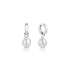 Ania Haie All Jmj & Branded Fashion Jewellery | Rhodium Plated Silver Pearl & CZ Huggie Hoop's