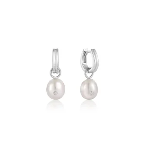Ania Haie All Jmj & Branded Fashion Jewellery | Rhodium Plated Silver Pearl & CZ Huggie Hoop's