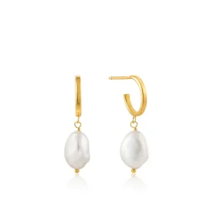 Ania Haie All Jmj & Branded Fashion Jewellery | Yellow Gold Plate Drop Mini Pearl Huggie Stud Hoop's