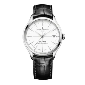 Baume & Mercier Mens Baume Et Mercier Watches | 40mm Auto Baumatic Clifton White & Date Dial Leather Watch