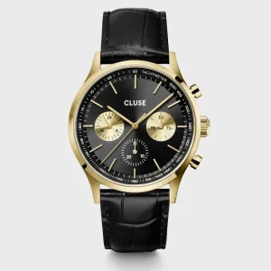 Cluse Mens Cluse Watches | 42mm Anthéor Black & Gold 3 Dial Leather Strap Watch