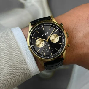Cluse Mens Cluse Watches | 42mm Anthéor Black & Gold 3 Dial Leather Strap Watch