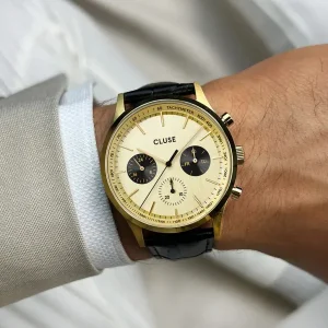 Cluse Mens Cluse Watches | 42mm Anthéor Gold & Black Leather Strap Watch