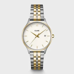 Cluse Ladies Cluse Watches | 34mm Minuit Date Bicolor Coconut Milk Stainless Steel Link Watch