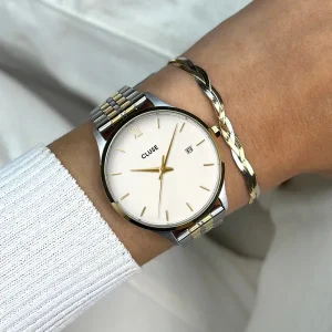 Cluse Ladies Cluse Watches | 34mm Minuit Date Bicolor Coconut Milk Stainless Steel Link Watch