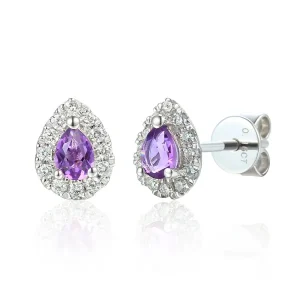 Jack Murphy Jewellers Jmj Gemstone Jewellery | Jmj Gold Jewellery | 9ct White Gold Pear Amethyst & Diamond Halo Stud Earrings