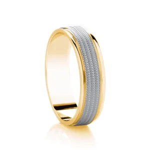Jack Murphy Jewellers Two Tone Wedding Rings | Yellow Gold Wedding Rings | 18ct Yellow Gold & Platinum Textured Polished Classic Medium 6mm Wedding Band