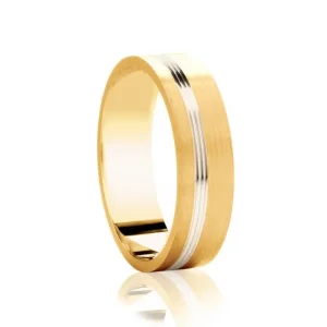 Jack Murphy Jewellers Two Tone Wedding Rings | Yellow Gold Wedding Rings | 18ct Yellow Gold & Platinum Matte & Polished Offset Grooves Medium 6mm Wedding Band
