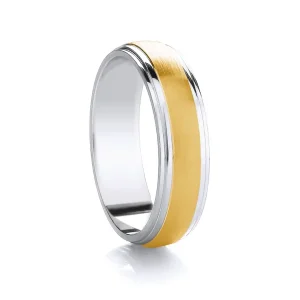 Jack Murphy Jewellers Two Tone Wedding Rings | Yellow Gold Wedding Rings | 18ct Yellow Gold & Platinum Ribbed & Polished Medium 5mm Wedding Band