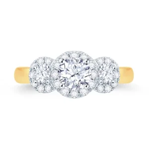 Jack Murphy Jewellers Natural Three-Stone Diamond Rings | Natural Halo Diamond Rings | 18ct Yellow Gold Brilliant Round & Halo Three Stone Diamond Ring 1.19ct