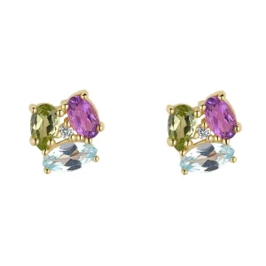 Jack Murphy Jewellers Jmj Gold Jewellery | 9ct Yellow Gold Clustered Multicoloured Green Blue Purple Stud Earring