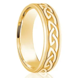 Jack Murphy Jewellers Yellow Gold Wedding Rings | 18ct Yellow Gold Embossed Celtic Design Medium Flat Court 6mm Wedding Band