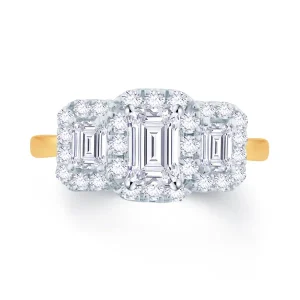 Jack Murphy Jewellers Natural Three-Stone Diamond Rings | 18ct Yellow Gold Emerald & Halo Three Stone Diamond Ring, 1.33ct