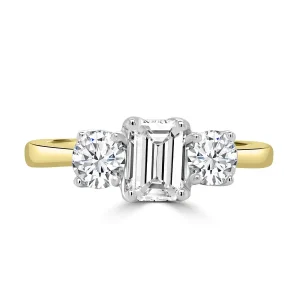 Jack Murphy Jewellers Natural Three-Stone Diamond Rings | 18ct Yellow Gold Emerald & Round Three Stone Diamond Ring, 1.10ct