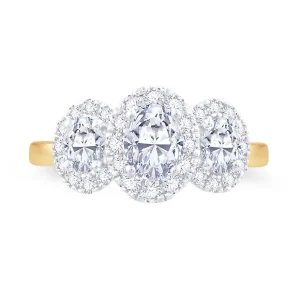Jack Murphy Jewellers Natural Three-Stone Diamond Rings | 18ct Yellow Gold Oval & Halo Three-Stone Diamond Ring, 1.05ct