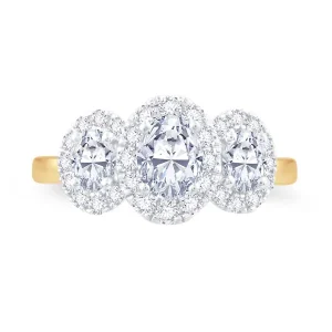 Jack Murphy Jewellers Natural Three-Stone Diamond Rings | 18ct Yellow Gold Oval & Halo Three Stone Diamond Ring, 0.96ct