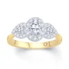 Jack Murphy Jewellers Natural Three-Stone Diamond Rings | 18ct Yellow Gold Oval & Pear Three Stone & Halo Diamond Ring, 0.77ct