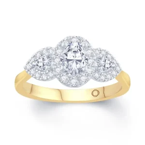 Jack Murphy Jewellers Natural Three-Stone Diamond Rings | 18ct Yellow Gold Oval & Pear Three Stone & Halo Diamond Ring, 0.77ct