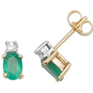 Jack Murphy Jewellers Jmj Gemstone Jewellery | Jmj Diamond Set Jewellery | 9ct Yellow Gold Oval Emerald & Round Brilliant Diamond Studs