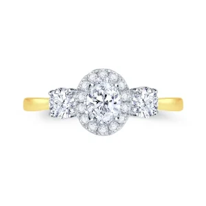 Jack Murphy Jewellers Natural Three-Stone Diamond Rings | 18ct Yellow Gold Oval Halo & Round Three Stone Diamond Ring, 1.32ct