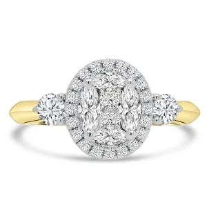 Jack Murphy Jewellers Natural Cluster Diamond Rings | Natural Three-Stone Diamond Rings | 18ct Yellow Gold Oval, Halo & Three-Stone Illusion Diamond Ring, 0.75ct