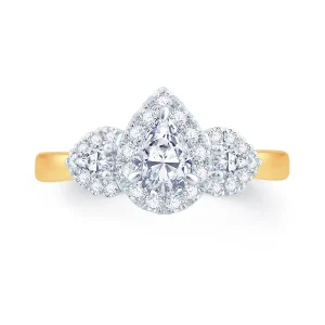 Jack Murphy Jewellers Natural Three-Stone Diamond Rings | 18ct Yellow Gold Pear & Halo Three Stone Diamond Ring, 0.85ct