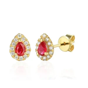Jack Murphy Jewellers Jmj Gemstone Jewellery | Jmj Diamond Set Jewellery | 9ct Yellow Gold Pear Ruby & Diamond Halo Stud Earrings