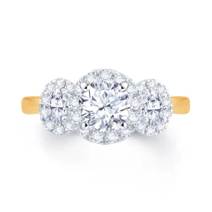 Jack Murphy Jewellers Natural Three-Stone Diamond Rings | Natural Halo Diamond Rings | 18ct Yellow Gold Round & Oval Three Stone Halo Diamond Ring 0.96ct