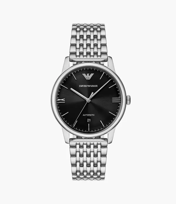 Emporio Armani Mens Emporio Armani Watches | 39mm Automatic Black Dial Stainless Steel Bracelet Watch