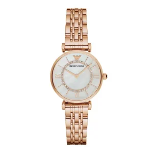 Emporio Armani Ladies Emporio Armani Watches | 32mm Gianni T-Bar Rose Tone CZ Mother of Pearl Dial Link Watch