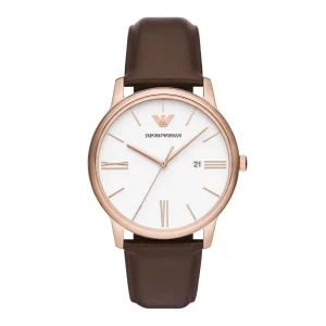 Emporio Armani Mens Emporio Armani Watches | 42mm Minimalist White & Rose Tone Brown Strap Watch
