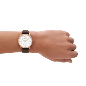Emporio Armani Mens Emporio Armani Watches | 42mm Minimalist White & Rose Tone Brown Strap Watch
