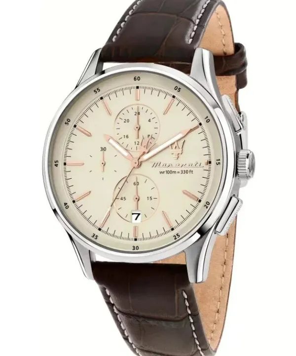 Maserati Mens Maserati Watches | 42mm Sorpasso Beige Dial Chronograph Brown Strap Watch
