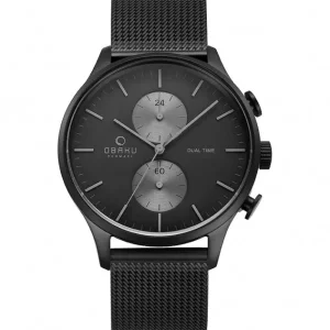 Obaku Mens Obaku Watches | 42mm GRAN-CHARCOAL Black Chronograph Stainless Steel Mesh Strap Watch