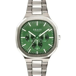 Obaku Mens Obaku Watches | 42mm ILD - JUDE Silver & Royal Green Tone Chronograph Link Watch