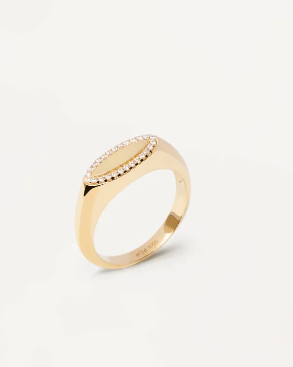 PDPAOLA All Jmj & Branded Fashion Jewellery | Yellow Gold CZ Lace Stamp Ring - Size P