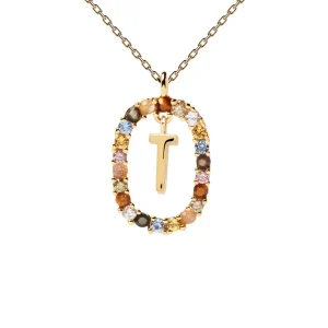 PDPAOLA All Jmj & Branded Fashion Jewellery | Yellow Gold Plate Colourful Precious Stones 'T' Initial Necklace