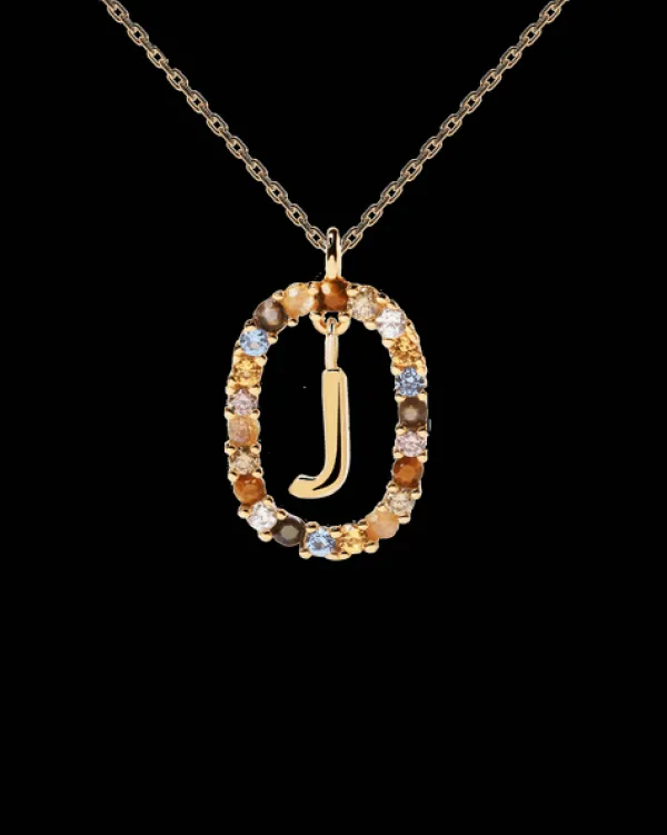 PDPAOLA All Jmj & Branded Fashion Jewellery | Yellow Gold Plate Colourful Precious Stones 'J' Initial Necklace