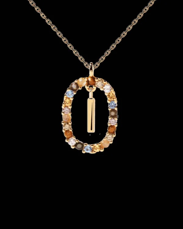 PDPAOLA All Jmj & Branded Fashion Jewellery | Yellow Gold Plate Colourful Precious Stones 'I' Initial Necklace