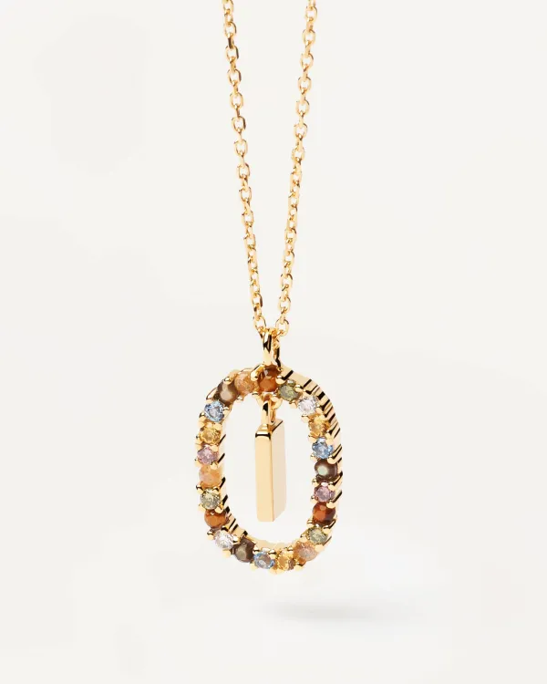 PDPAOLA All Jmj & Branded Fashion Jewellery | Yellow Gold Plate Colourful Precious Stones 'H' Initial Necklace