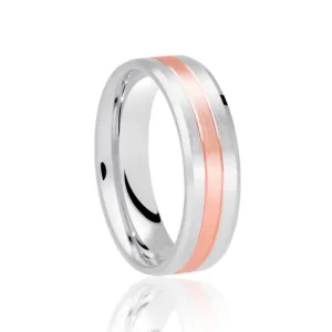 Jack Murphy Jewellers Platinum Wedding Rings | Two Tone Wedding Rings | Platinum & 18ct Rose Gold Inlaid & Bevelled Flat Court 6mm Wedding Band