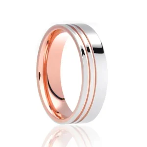 Jack Murphy Jewellers Two Tone Wedding Rings | Platinum Wedding Rings | Platinum & 18ct Rose Gold Polished Offset Inlaid Grooves Medium 6mm Wedding Band