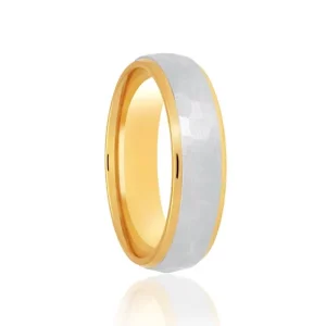 Jack Murphy Jewellers Two Tone Wedding Rings | Yellow Gold Wedding Rings | Platinum & 18ct Yellow Gold Frosted Hammered & Polished Edges Classic Medium 6mm Wedding Band