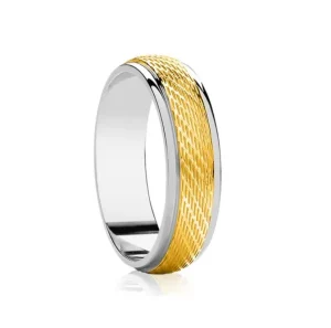Jack Murphy Jewellers Two Tone Wedding Rings | Yellow Gold Wedding Rings | Platinum & 18ct Yellow Gold Textured Matte & Polished Classic Medium 5mm Wedding Band