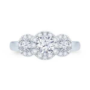 Jack Murphy Jewellers Natural Three-Stone Diamond Rings | Natural Halo Diamond Rings | Platinum Brilliant Round & Halo Three-Stone Diamond Ring, 1.18ct