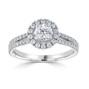 Jack Murphy Jewellers Natural Halo Diamond Rings | Platinum Brilliant Round & Halo, Shoulder Set Diamond Ring, 0.86ct