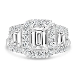 Jack Murphy Jewellers Natural Three-Stone Diamond Rings | Platinum Emerald & Trapezium, Halo Three Stone Diamond Ring, 1.64ct