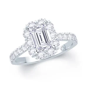 Jack Murphy Jewellers Natural Halo Diamond Rings | Platinum Emerald, Halo & Shoulder Set Diamond Ring 1.15ct