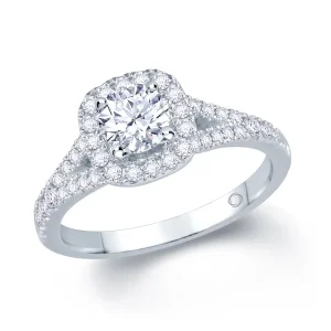Jack Murphy Jewellers Natural Halo Diamond Rings | Platinum Round Brilliant & Cushion Halo, Split Shoulder Set Diamond Ring, 0.95ct